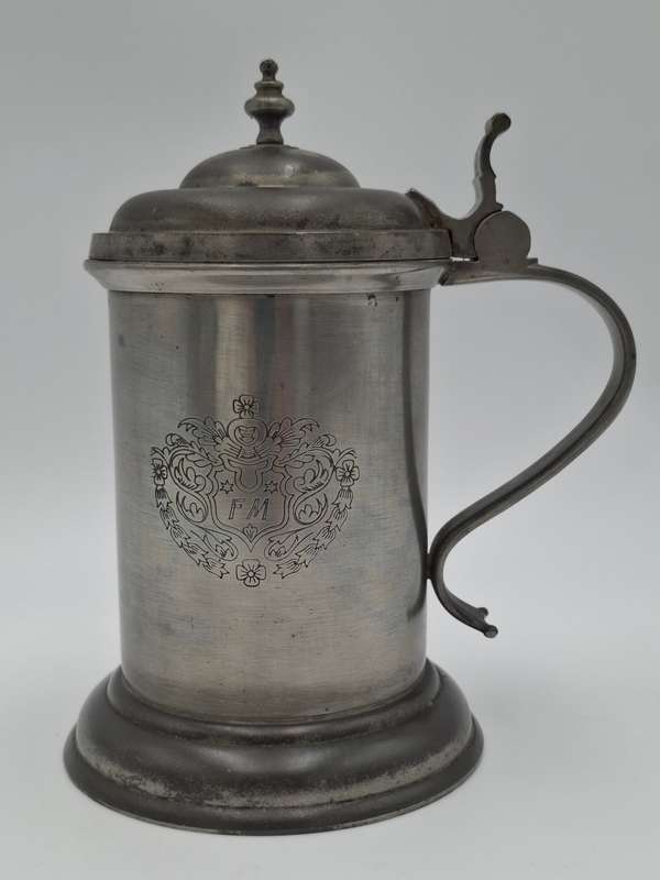 Vintage Pewter Tankard with Flip Lid and Engraved Emblem