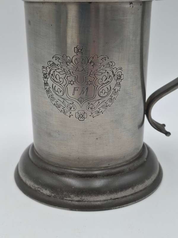 Vintage Pewter Tankard with Flip Lid and Engraved Emblem