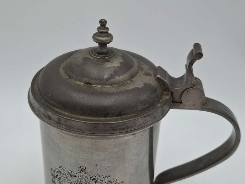 Vintage Pewter Tankard with Flip Lid and Engraved Emblem