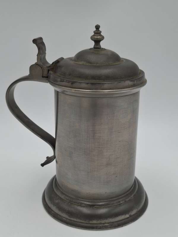 Vintage Pewter Tankard with Flip Lid and Engraved Emblem