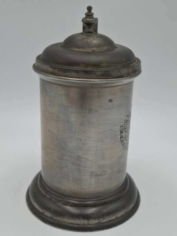 Vintage Pewter Tankard with Flip Lid and Engraved Emblem
