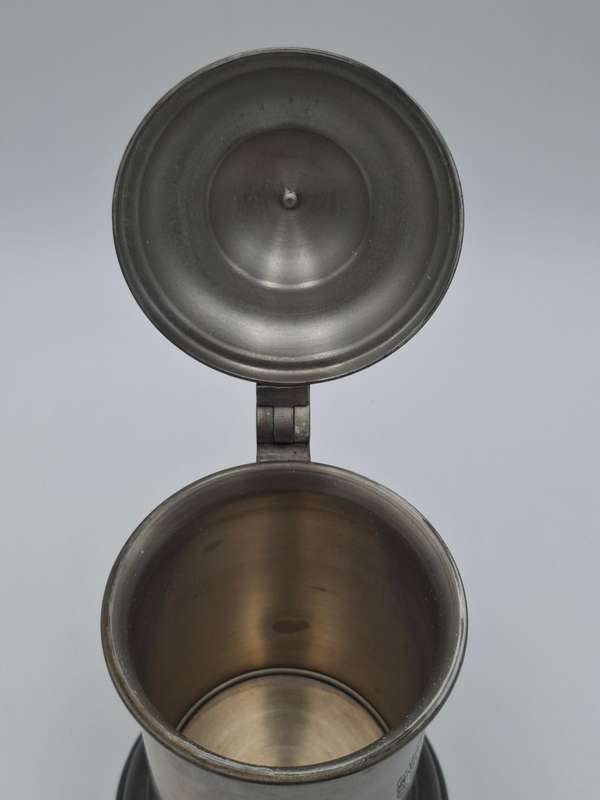 Vintage Pewter Tankard with Flip Lid and Engraved Emblem