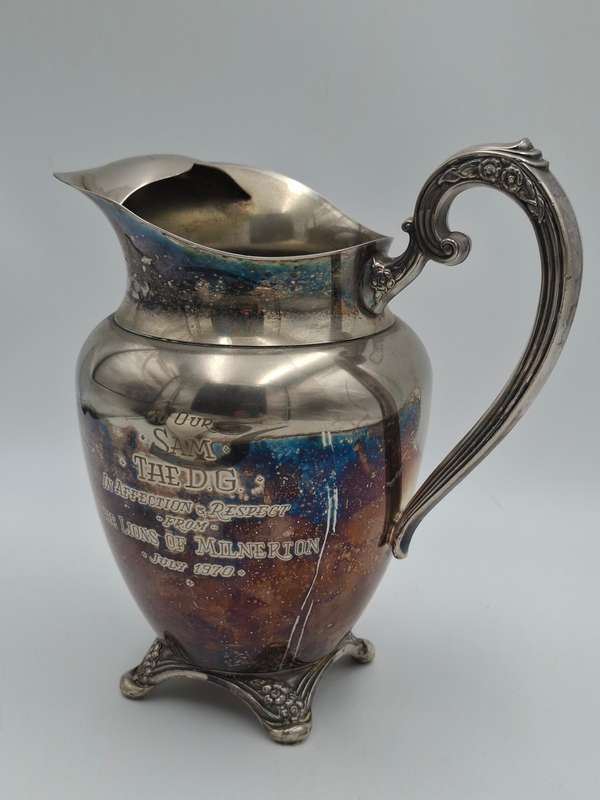 Vintage Silver Plated Pitcher with Embossed Ornate Design on the Handle and Base