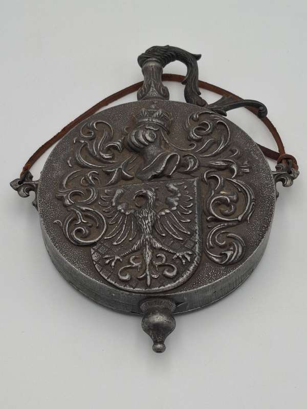Antique Rare Pewter Gun Powder Flask with Ornate Knight Eagle - In Impeccably Condition