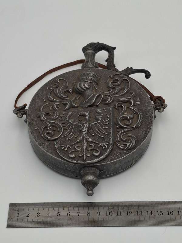Antique Rare Pewter Gun Powder Flask with Ornate Knight Eagle - In Impeccably Condition