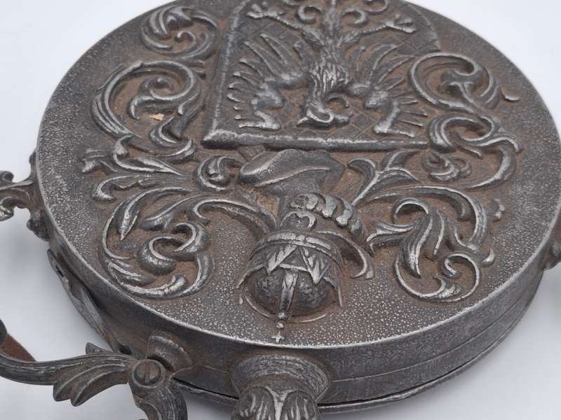 Antique Rare Pewter Gun Powder Flask with Ornate Knight Eagle - In Impeccably Condition