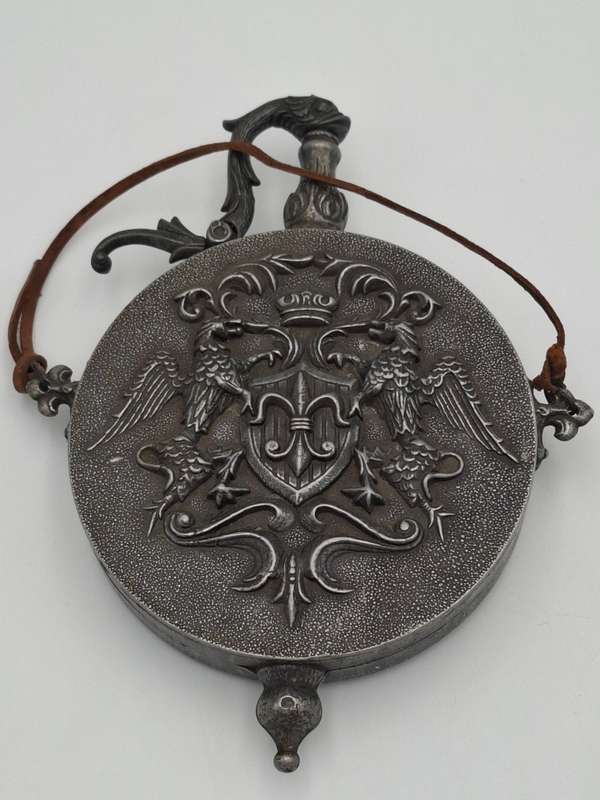 Antique Rare Pewter Gun Powder Flask with Ornate Knight Eagle - In Impeccably Condition