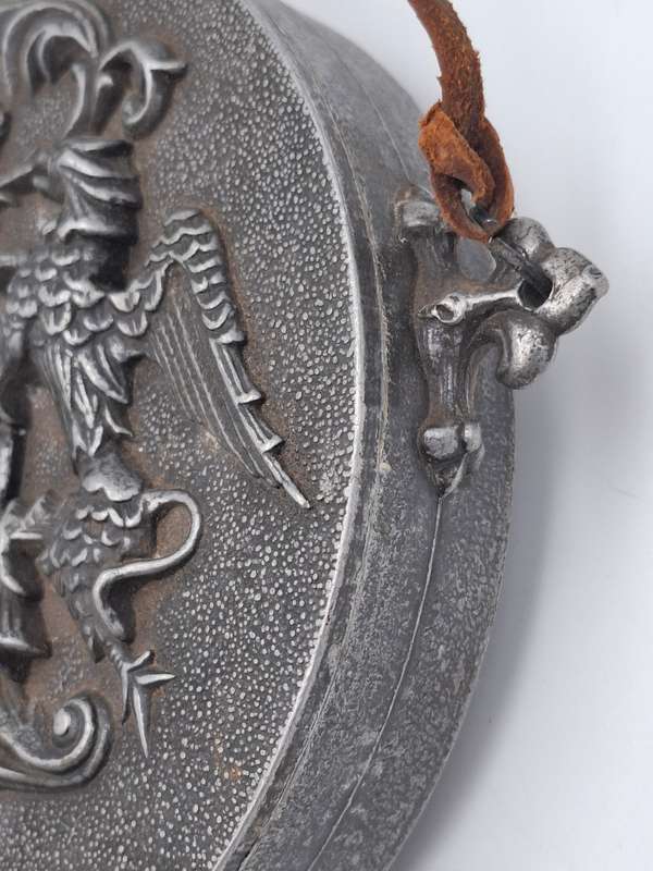 Antique Rare Pewter Gun Powder Flask with Ornate Knight Eagle - In Impeccably Condition