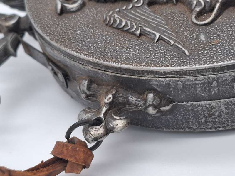 Antique Rare Pewter Gun Powder Flask with Ornate Knight Eagle - In Impeccably Condition