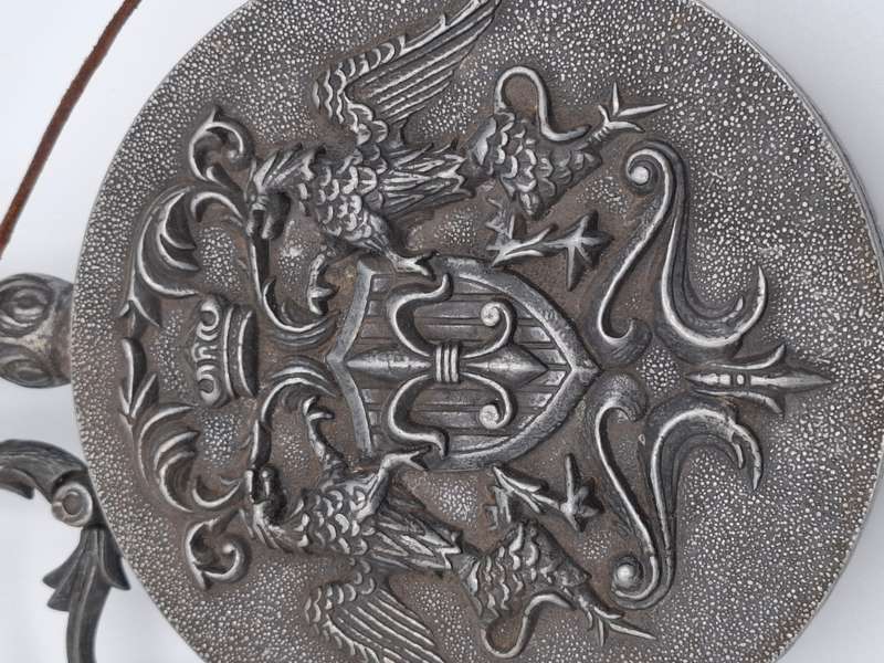 Antique Rare Pewter Gun Powder Flask with Ornate Knight Eagle - In Impeccably Condition