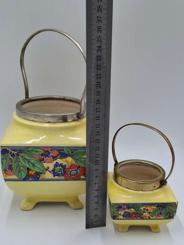 Vintage Pair Biscuit Jars by Lancaster & Sons - Silverplated handles - excellent condition