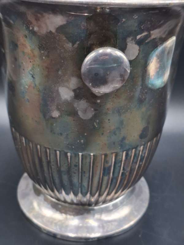 Vintage Silver Plated Ice Bucket with Round Handles and Fluted Pattern on Base