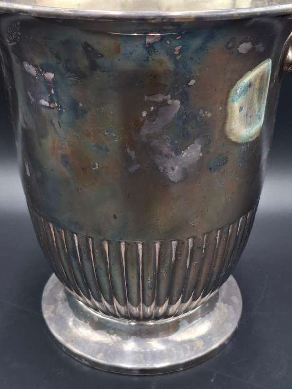 Vintage Silver Plated Ice Bucket with Round Handles and Fluted Pattern on Base