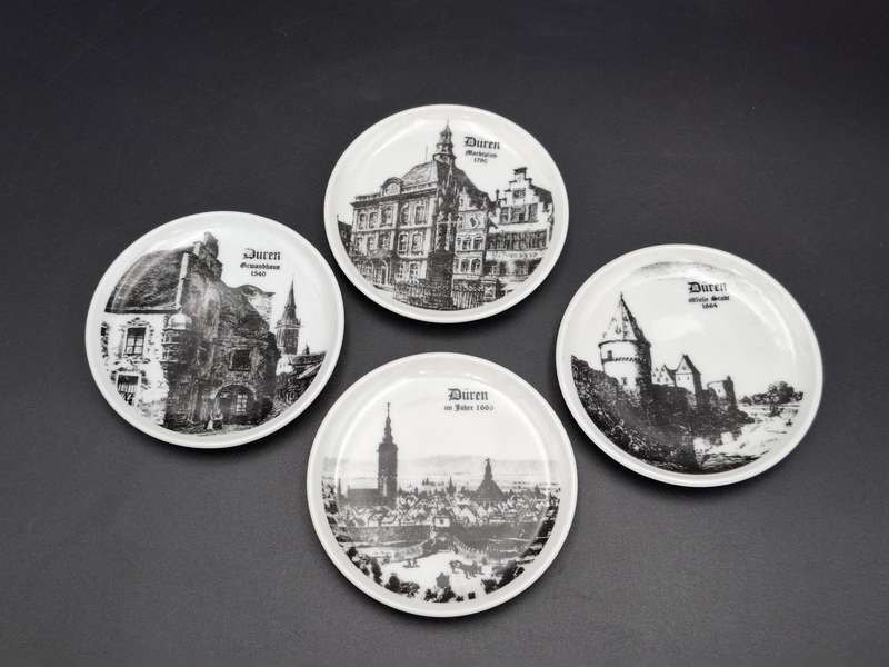 4 x Vintage Mini Porcelain Plates manufactured in Germany - featuring historical buildings in Duren
