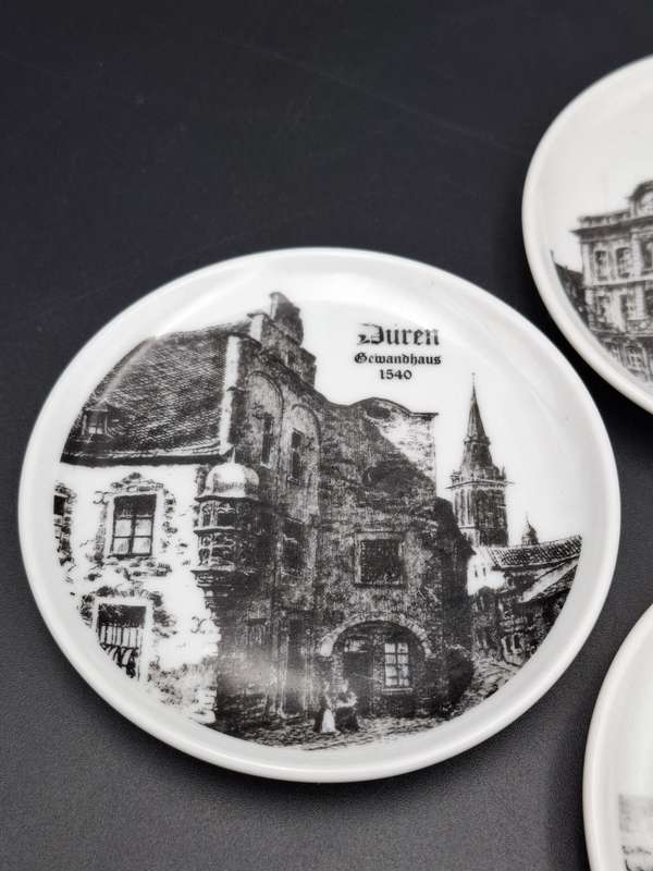 4 x Vintage Mini Porcelain Plates manufactured in Germany - featuring historical buildings in Duren