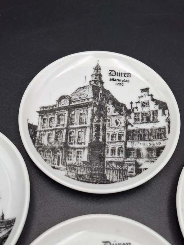 4 x Vintage Mini Porcelain Plates manufactured in Germany - featuring historical buildings in Duren