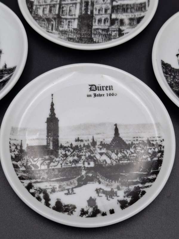 4 x Vintage Mini Porcelain Plates manufactured in Germany - featuring historical buildings in Duren