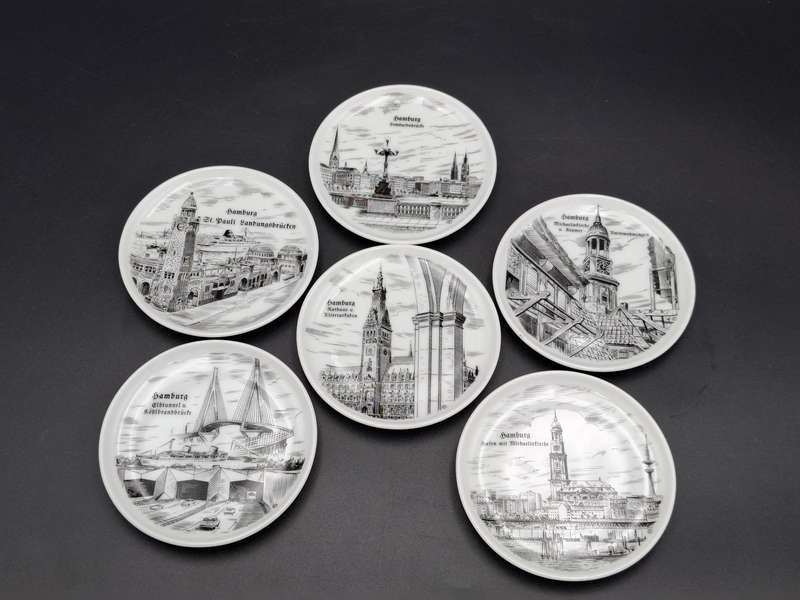 6 x Vintage Mini Porcelain Plates - collectors plates featuring sketches of Hamburg, Germany