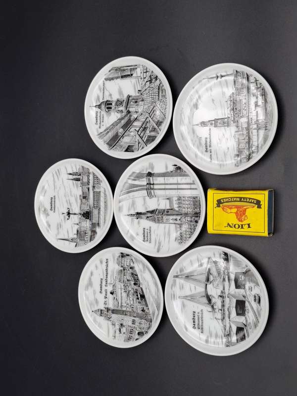 6 x Vintage Mini Porcelain Plates - collectors plates featuring sketches of Hamburg, Germany