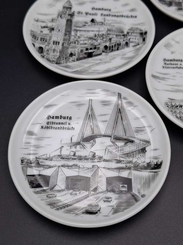 6 x Vintage Mini Porcelain Plates - collectors plates featuring sketches of Hamburg, Germany