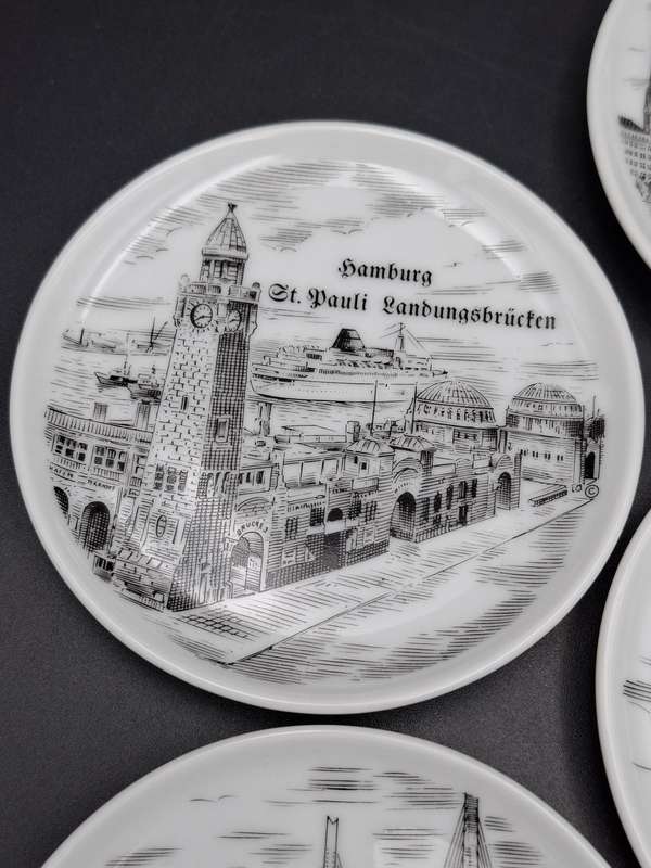 6 x Vintage Mini Porcelain Plates - collectors plates featuring sketches of Hamburg, Germany