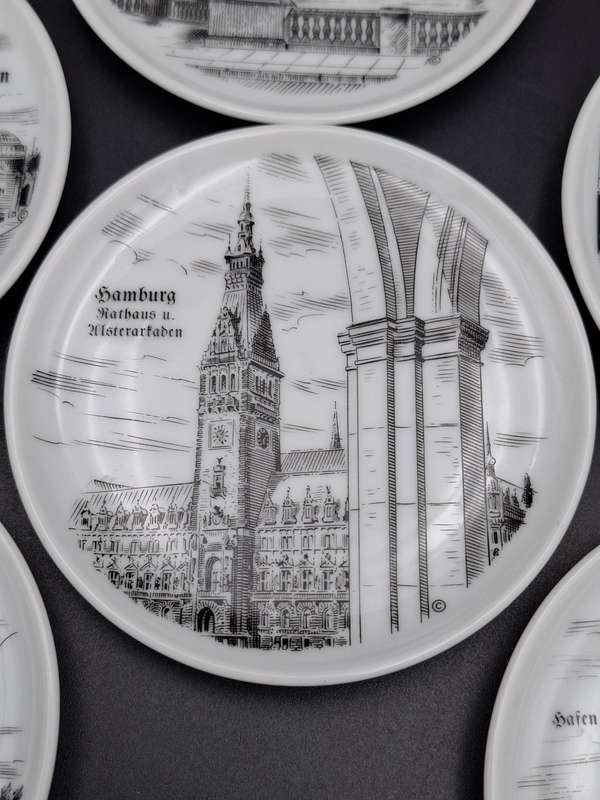 6 x Vintage Mini Porcelain Plates - collectors plates featuring sketches of Hamburg, Germany