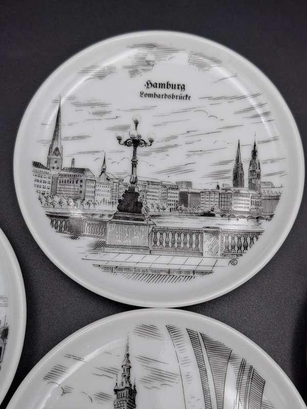 6 x Vintage Mini Porcelain Plates - collectors plates featuring sketches of Hamburg, Germany