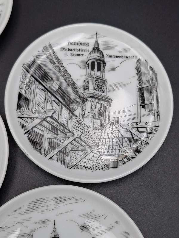 6 x Vintage Mini Porcelain Plates - collectors plates featuring sketches of Hamburg, Germany