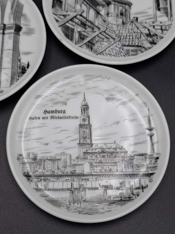 6 x Vintage Mini Porcelain Plates - collectors plates featuring sketches of Hamburg, Germany