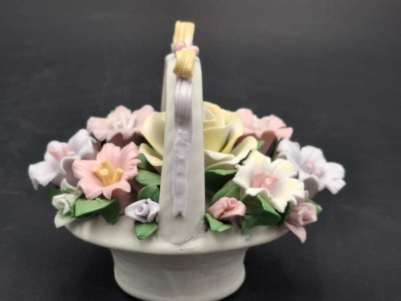 Vintage Mini Porcelain Floral Basket with a Yellow Bow - Pastel Colours
