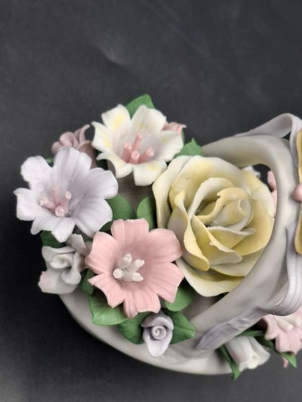 Vintage Mini Porcelain Floral Basket with a Yellow Bow - Pastel Colours