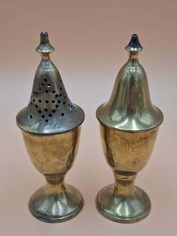Vintage Pair of Brass Condiment Shakers with Plastic Inners