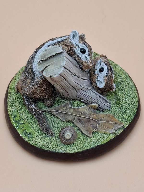 Vintage Hand Painted Resin Sculpture of a Pair of Chipmunks - Artist James Kendall King