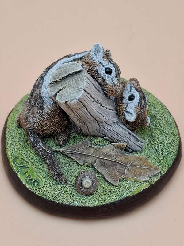 Vintage Hand Painted Resin Sculpture of a Pair of Chipmunks - Artist James Kendall King