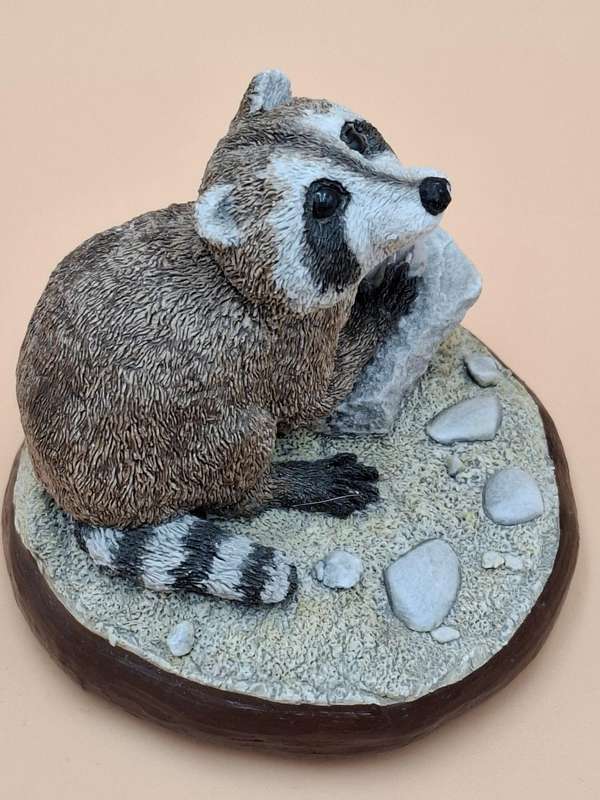 Vintage Hand Painted Resin Sculpture of A Raccoon - Artist James Kendall King c. 1980 to 1989