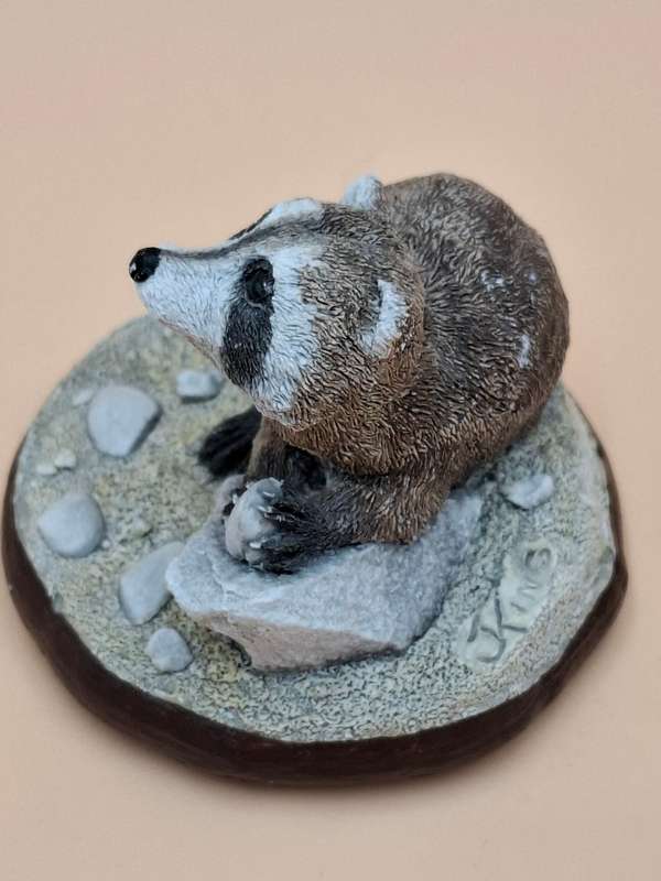 Vintage Hand Painted Resin Sculpture of A Raccoon - Artist James Kendall King c. 1980 to 1989