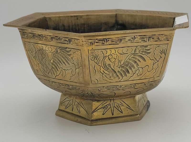 Vintage Large Etched Brass Chinese Pedestal Bowl - 13cm H x 23.5cm diameter - Hexagon shape