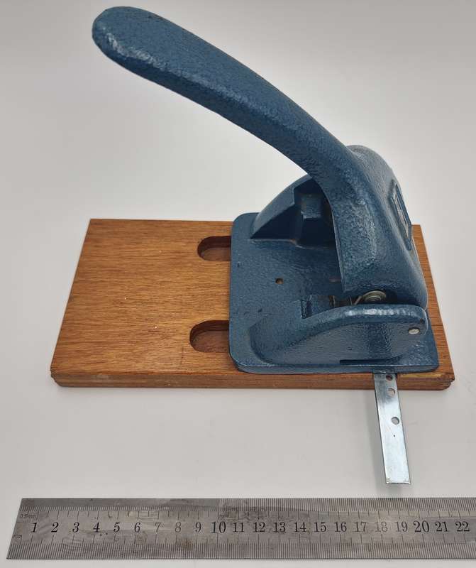 Vintage Industrial Metal Punch with Wooden Base