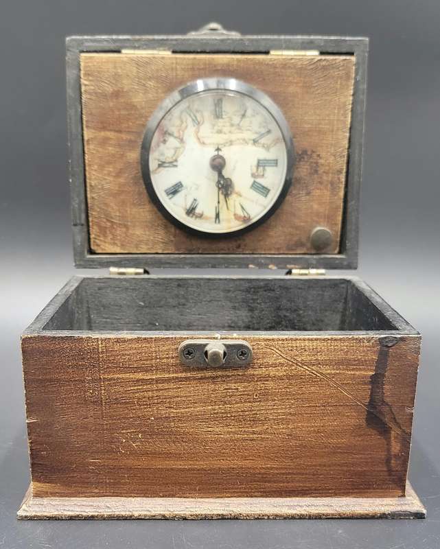 Vintage Wooden Box with Embedded Clock in Lid - Antique Clock Hands - Versatile for storage