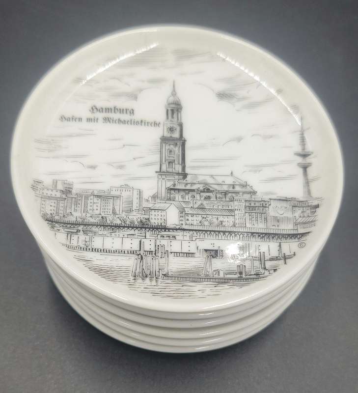 6 x Vintage Mini Porcelain Plates - collectors plates featuring sketches of Hamburg, Germany
