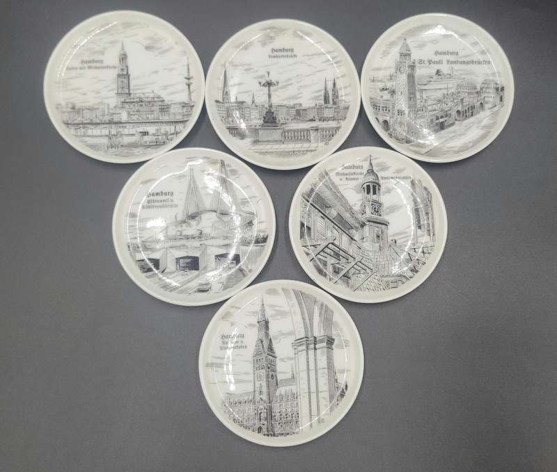 6 x Vintage Mini Porcelain Plates - collectors plates featuring sketches of Hamburg, Germany