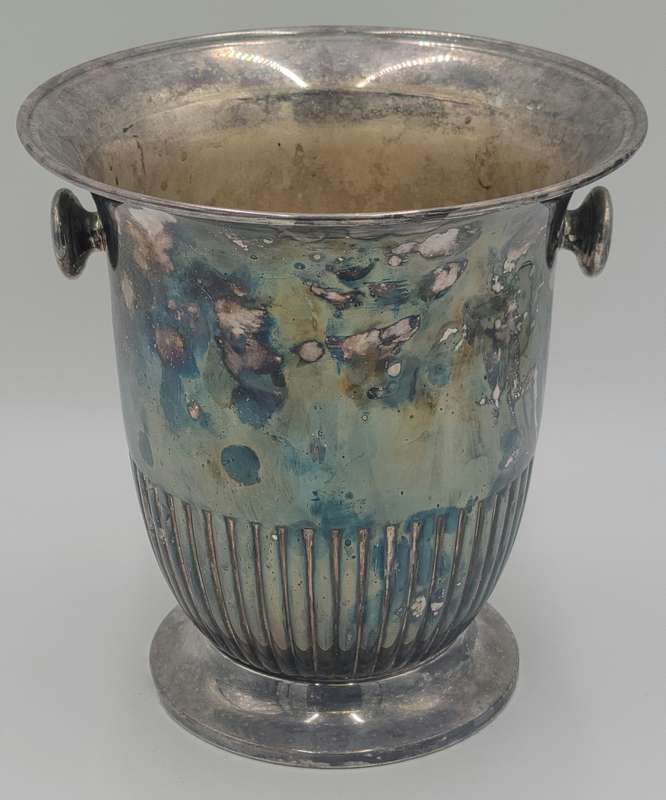 Vintage Silver Plated Ice Bucket with Round Handles and Fluted Pattern on Base