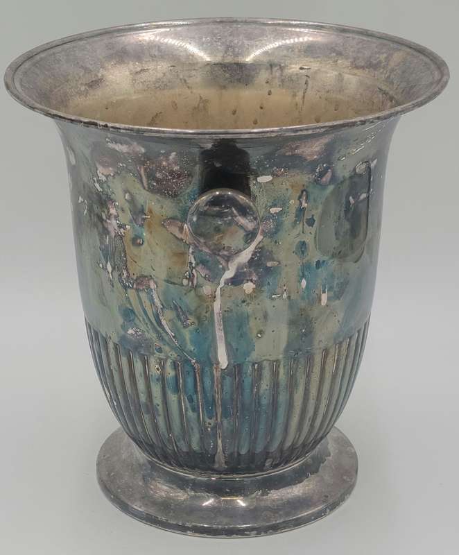 Vintage Silver Plated Ice Bucket with Round Handles and Fluted Pattern on Base