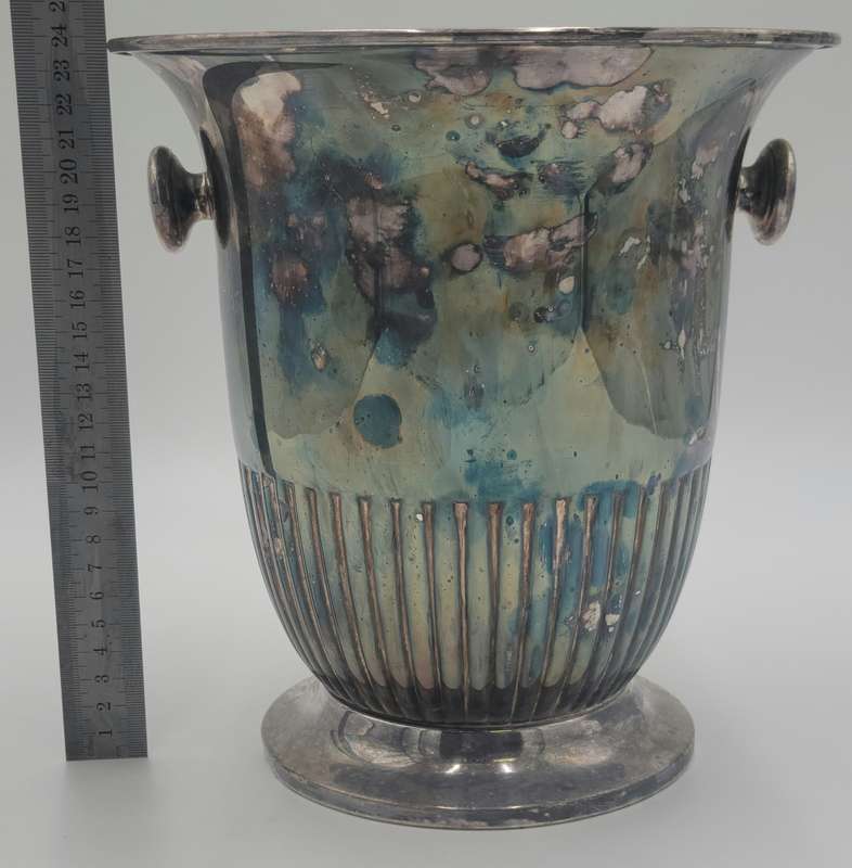 Vintage Silver Plated Ice Bucket with Round Handles and Fluted Pattern on Base