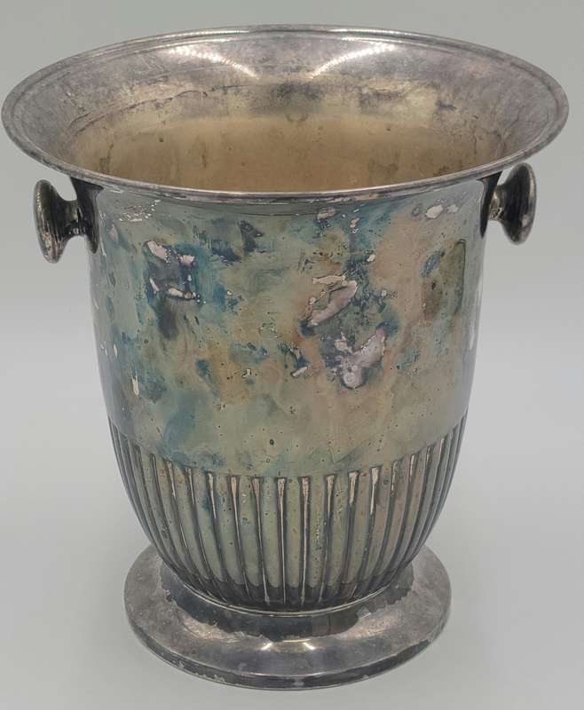 Vintage Silver Plated Ice Bucket with Round Handles and Fluted Pattern on Base