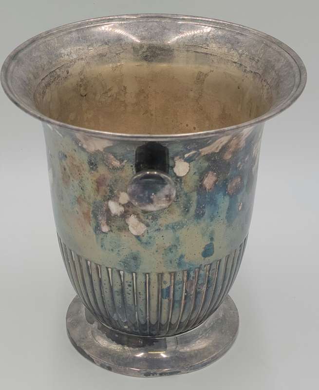 Vintage Silver Plated Ice Bucket with Round Handles and Fluted Pattern on Base