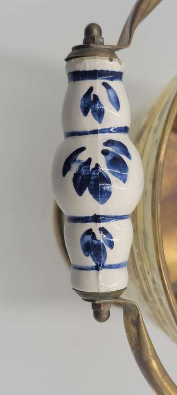 Vintage Brass Ice Bucket with a Delft Style Blue & White Ceramic Handle - Lion's Head detail