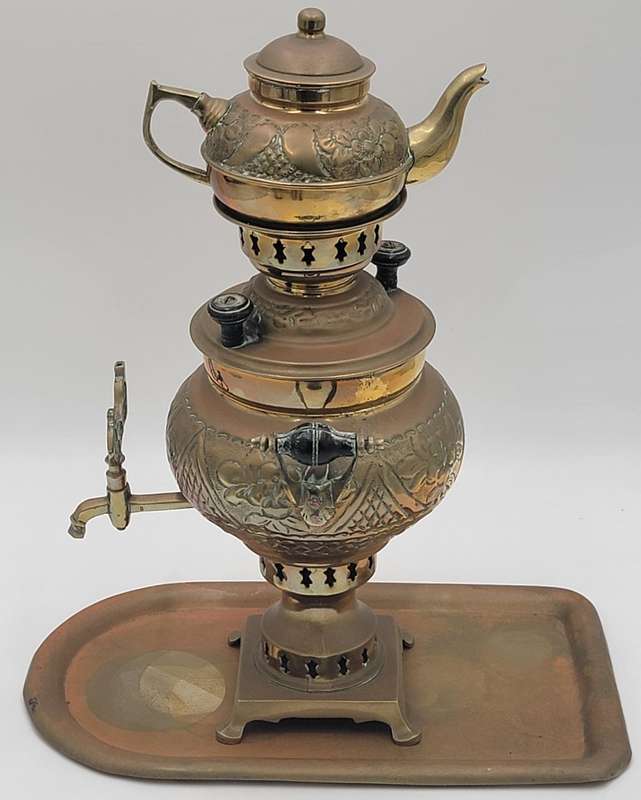 Antique Turkish Brass Samovar - Unique with Chimney, Drip Tray, Bowl and Coffee/Tea Pot
