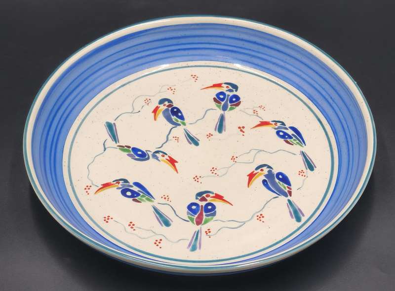 Lindy Barletta Ceramics - Ceramic Platter with spoonbill birds pattern and blue interior rim