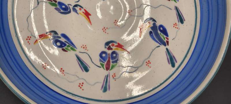 Lindy Barletta Ceramics - Ceramic Platter with spoonbill birds pattern and blue interior rim
